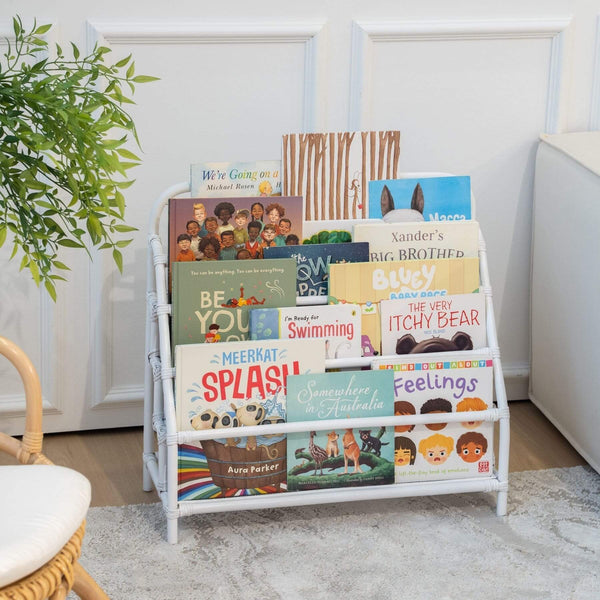 Elena Kids Montessori Bookshelf in white rattan styled in a children's bedroom