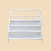 White metal headboard with wicker storage shelves on a beige background