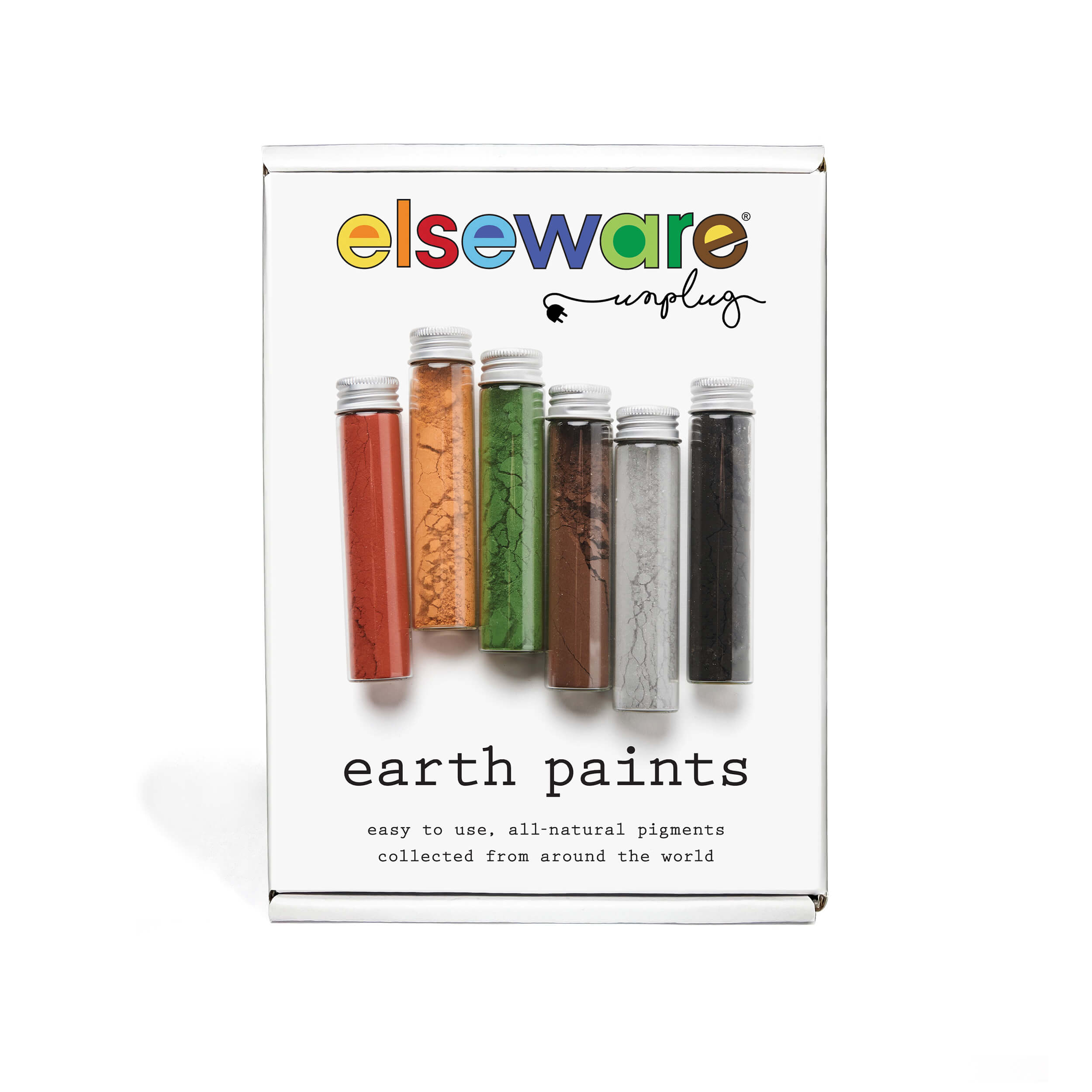 Packaging of elseware earth paints with colorful labels on a white background