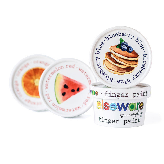 Four containers of finger paint with colorful labels on a white background