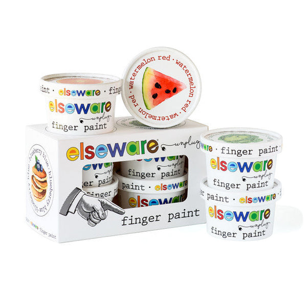 Set of finger paint containers with 'elseware' branding on a white background