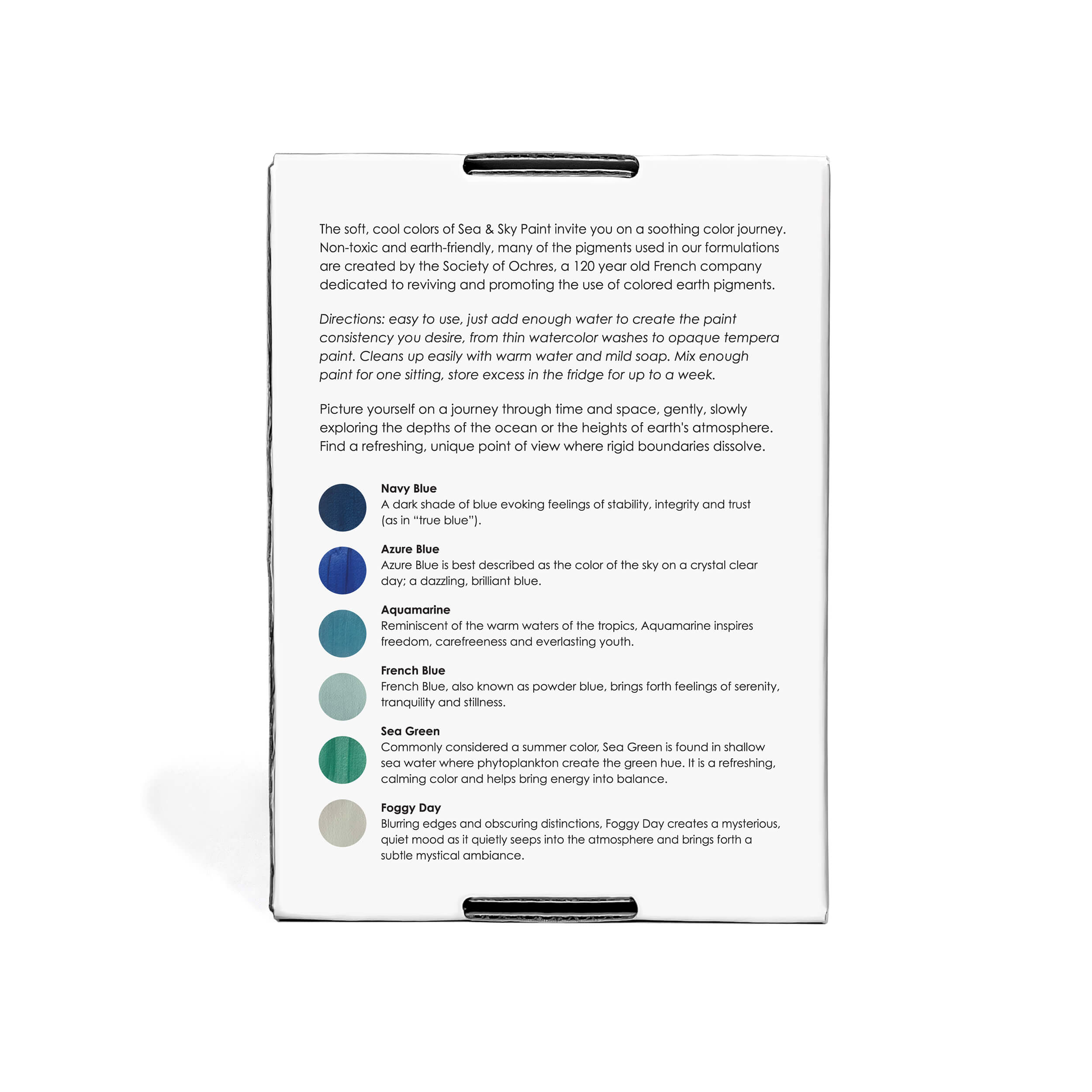 Color swatch card with color names and descriptions on a white background