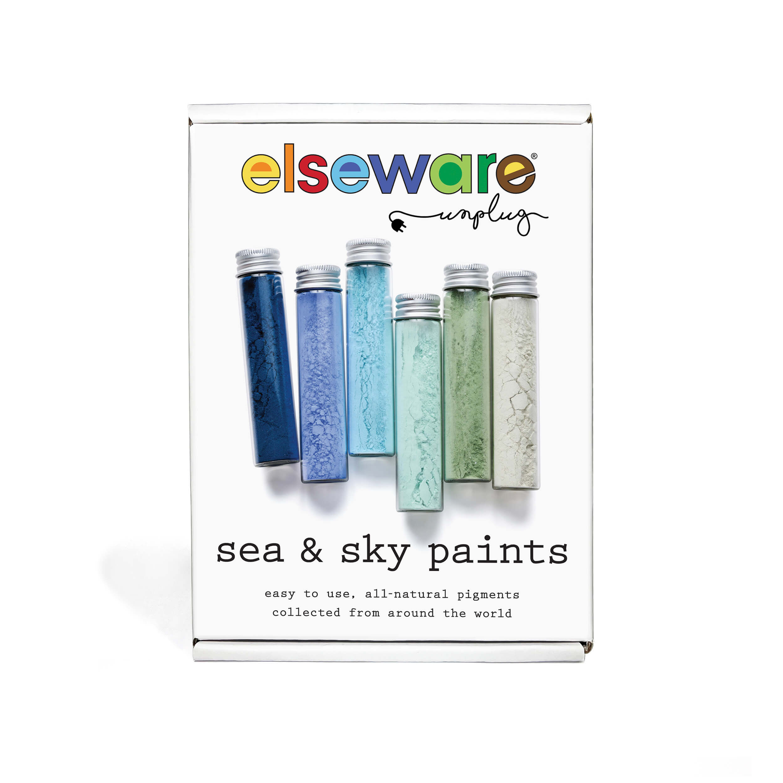 Packaging of sea and sky paints by elseware, featuring five small bottles with different colors on a white background.