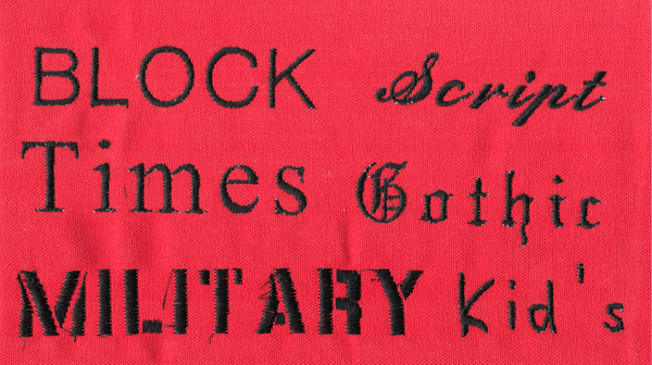 Text in various fonts on a red background