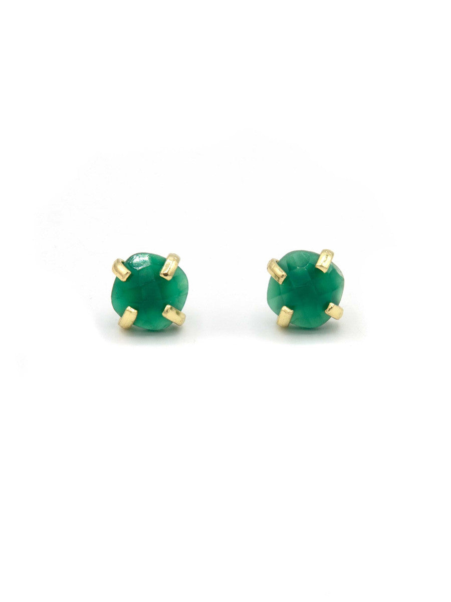 Fair Anita encaged green onyx stud earrings flat lay, recycled brass nickel-free jewellery