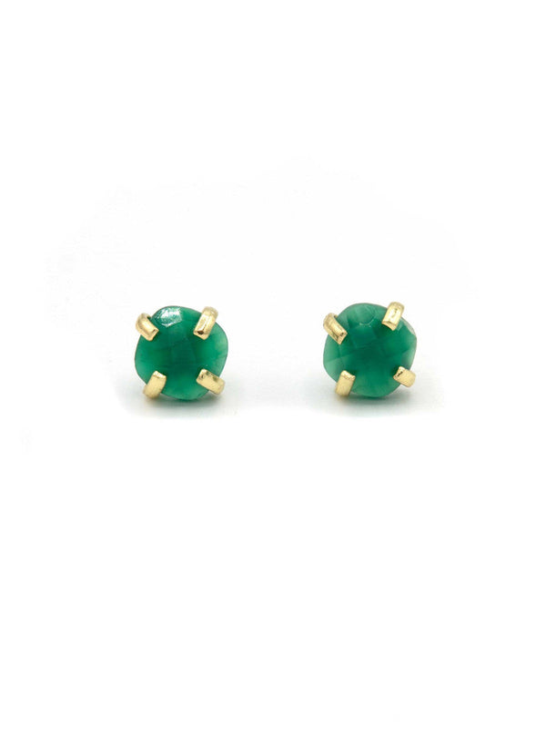 Fair Anita encaged green onyx stud earrings flat lay, recycled brass nickel-free jewellery