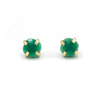 Encaged green onyx stud earrings in recycled brass by Fair Anita, front view on white background