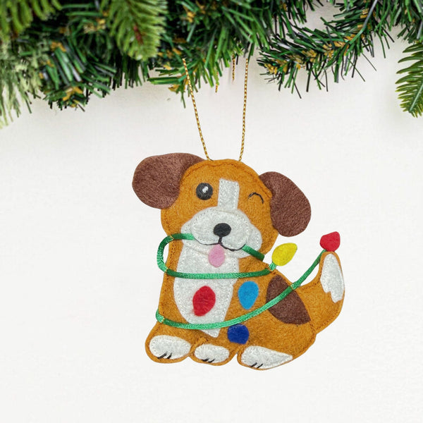 Tangled in Christmas Lights English Bulldog Ornament, a handmade wool felt bulldog puppy wrapped in a strand of colorful Christmas lights