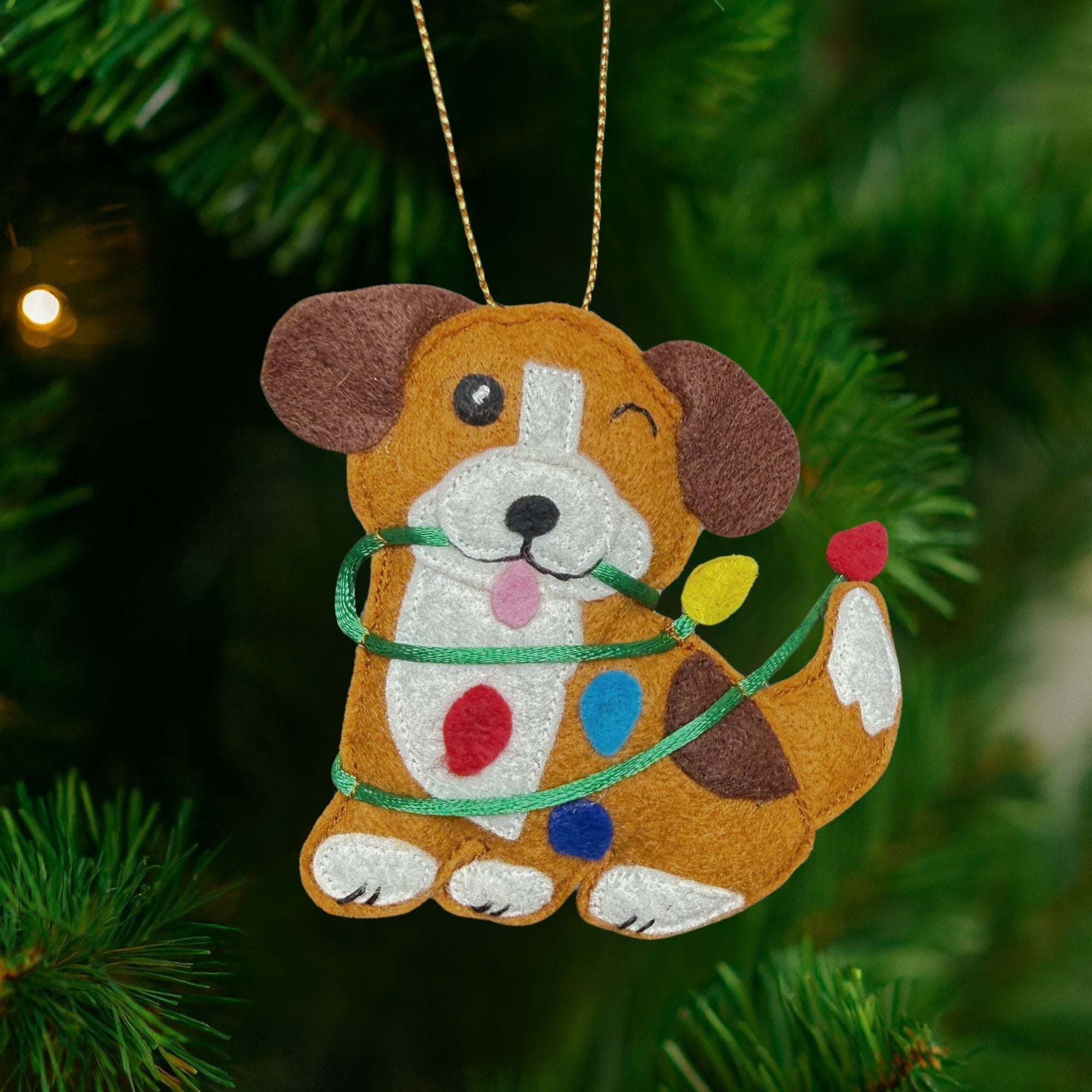 Second view of the Tangled in Christmas Lights English Bulldog Ornament, a handmade felt holiday ornament with embroidered details
