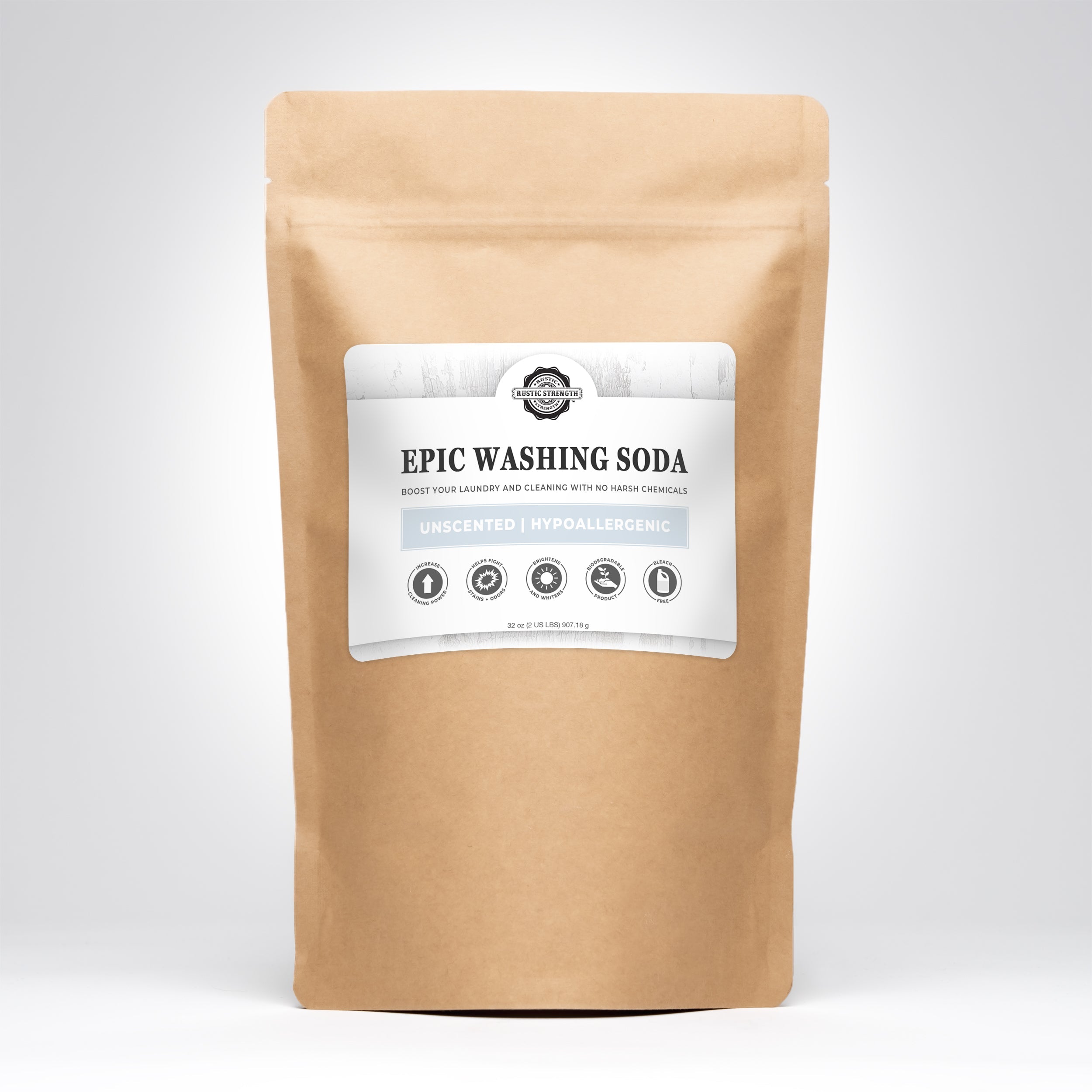 A brown paper pouch labeled 'EPIC WASHING SODA' with product information on the label.