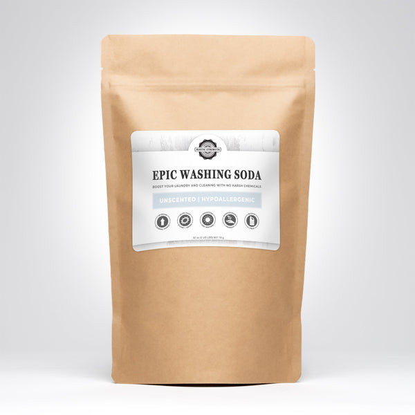 A brown paper pouch labeled 'EPIC WASHING SODA' with product information on the label.