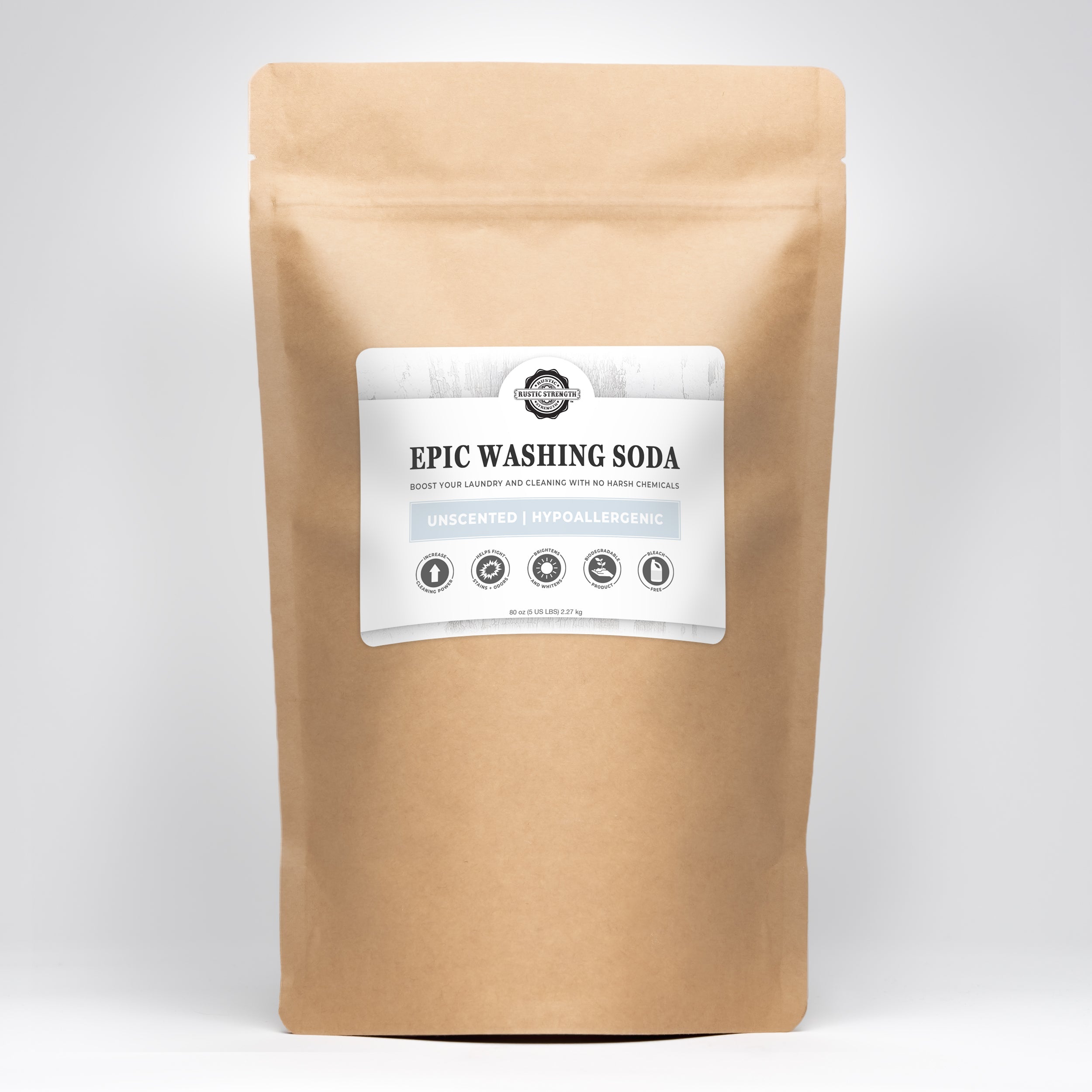 Brown paper bag with a label for 'Epic Washing Soda' on a white background
