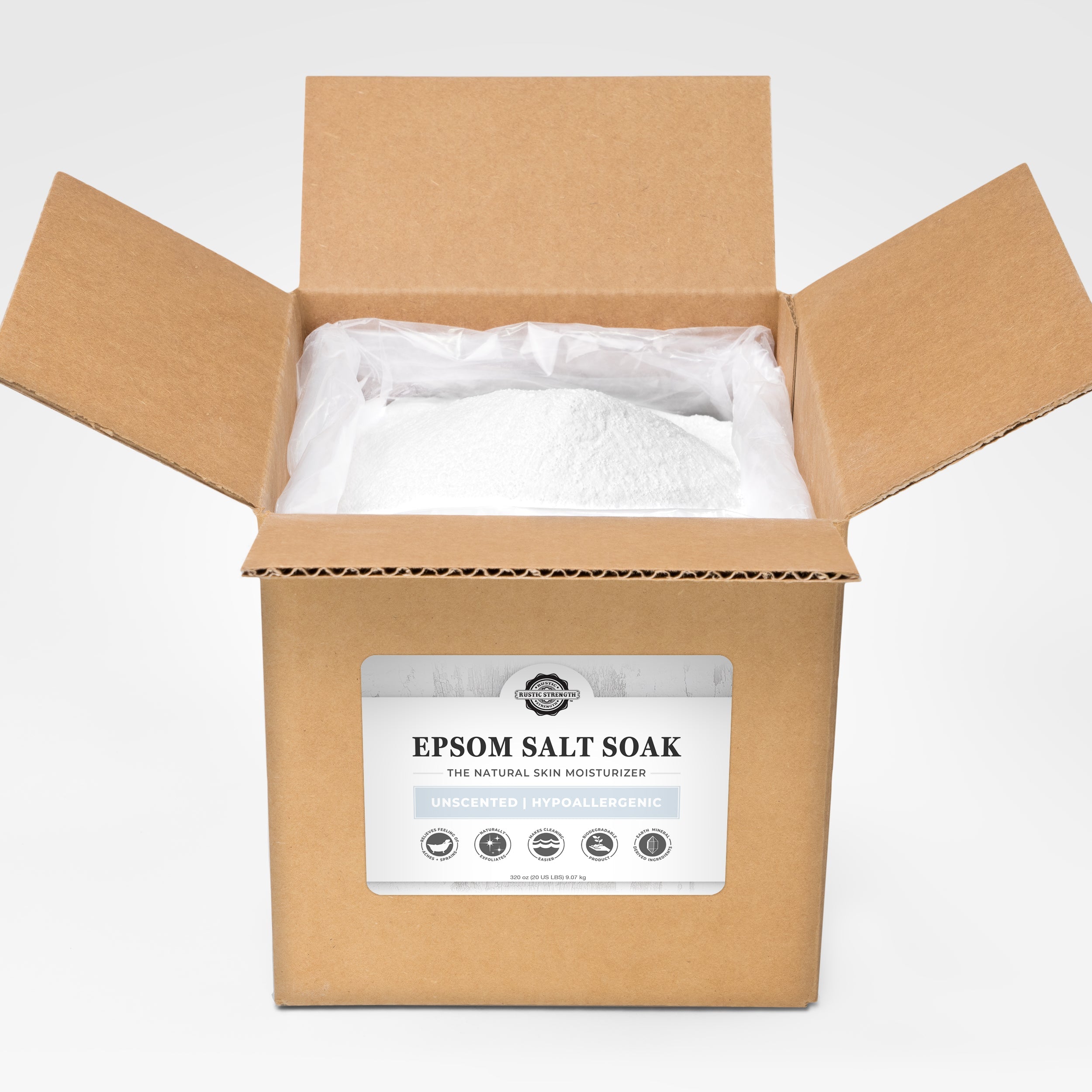 Rustic Strength Unscented Epsom Salt 20 lb bag — large supply pure Epsom salt soak, great for gifting