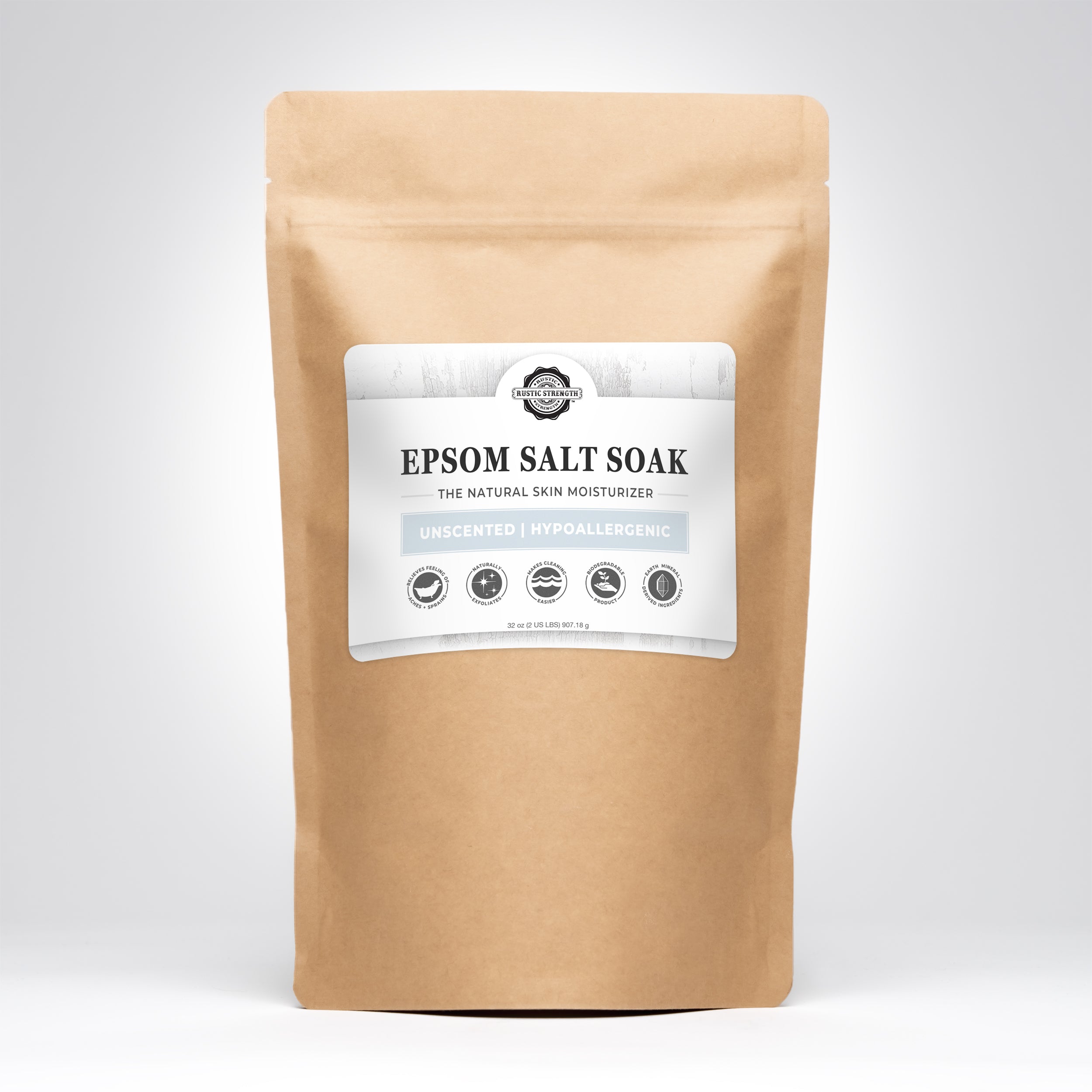 Rustic Strength Unscented Epsom Salt Soak 2 lb bag — pure magnesium sulphate, fragrance-free bath soak