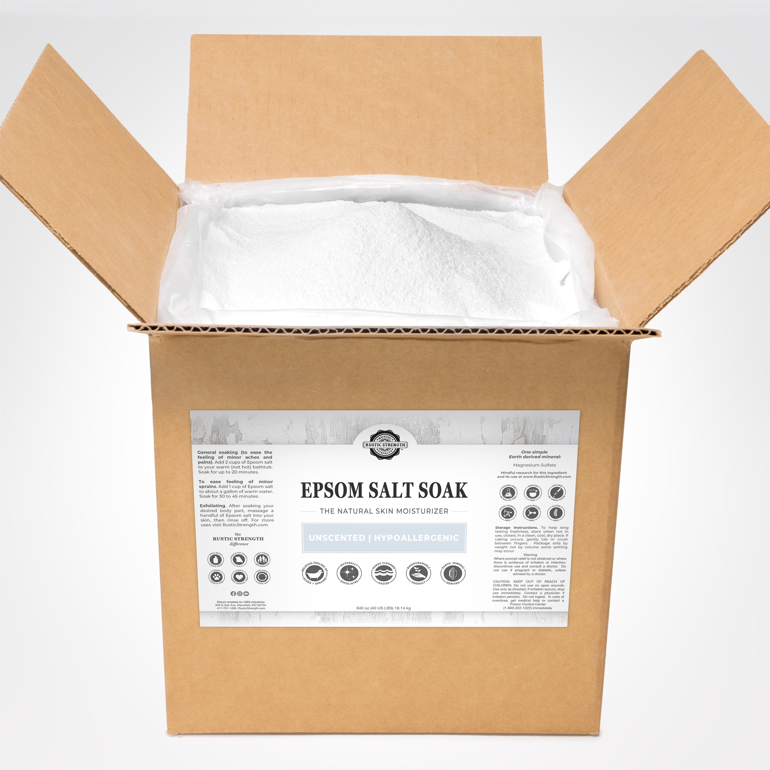 Box of Epsom salt soak with a label on a white background