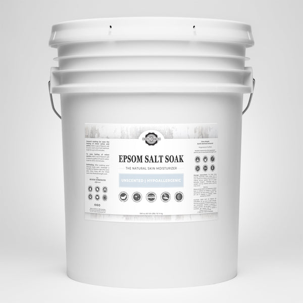 White bucket labeled 'Epsom Salt Soak' on a light gray background