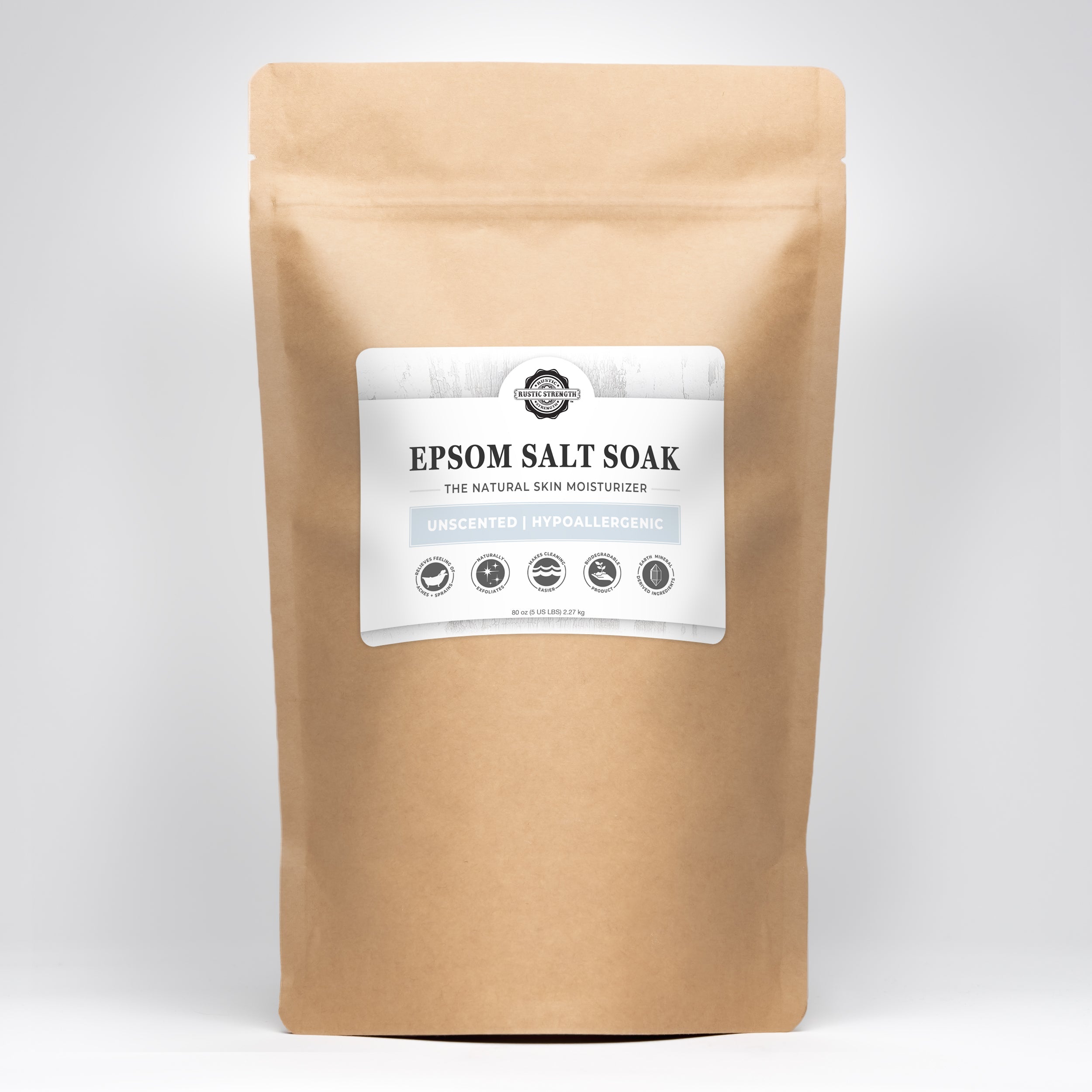 Brown package of Epsom salt soak with a label on a white background
