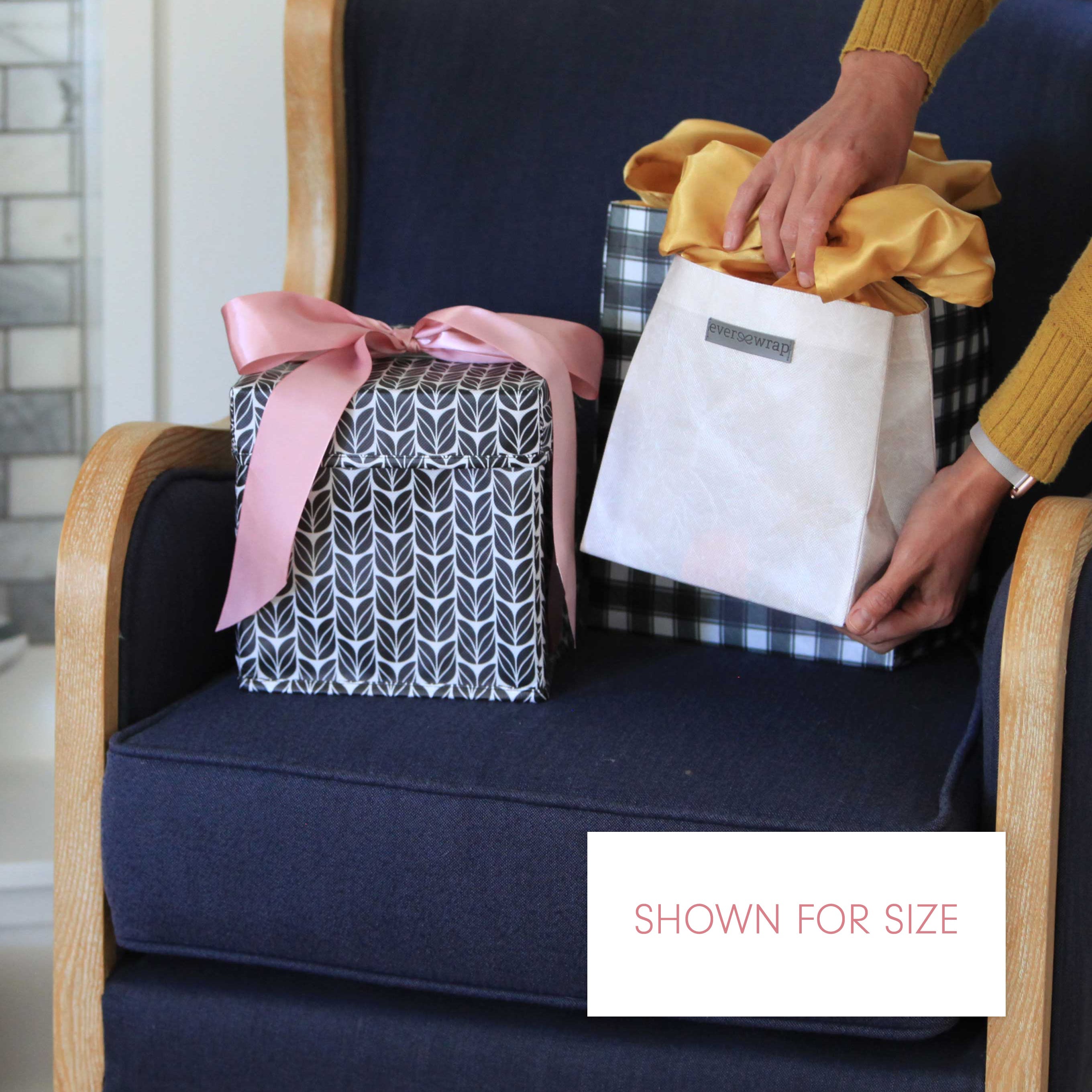 Size reference of EverBag small reusable gift bag measuring 8 x 8 x 4.5 inches
