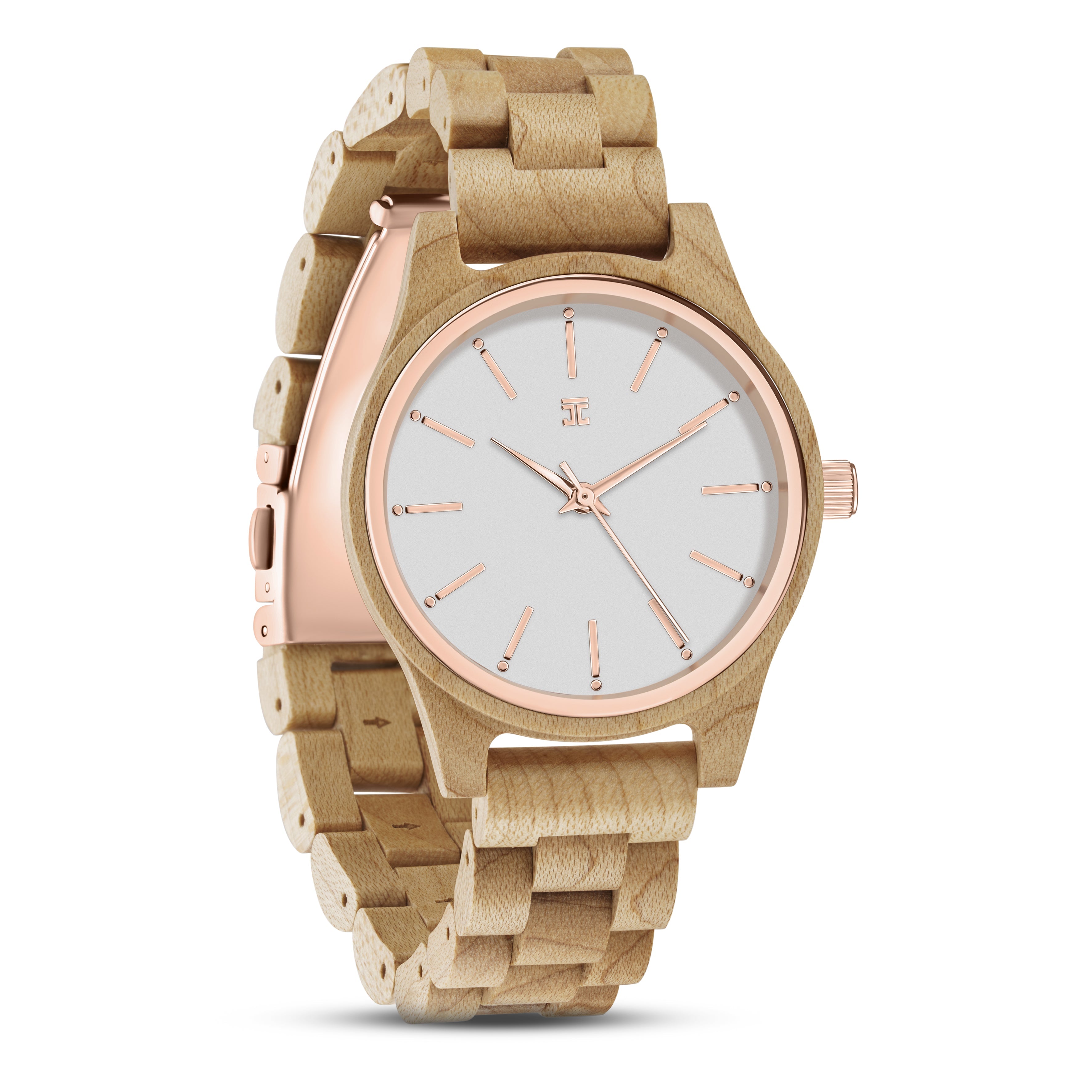 Wooden watch with rose gold accents on a white background