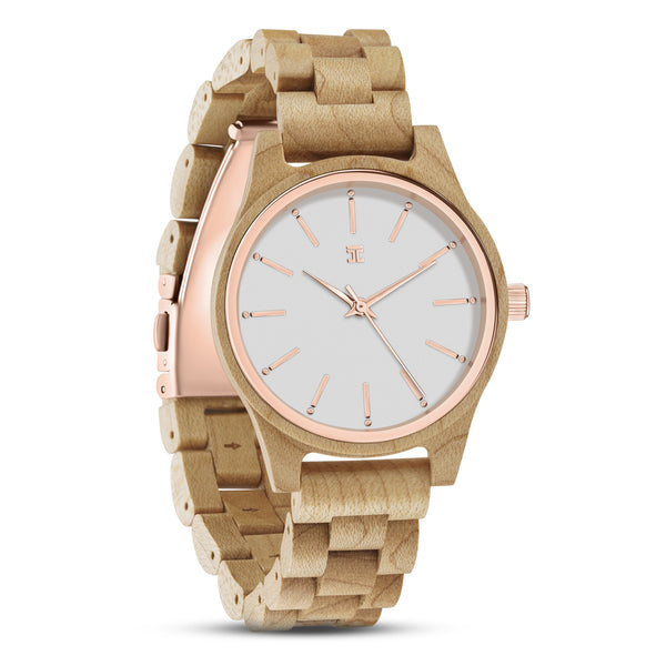 Wooden watch with rose gold accents on a white background