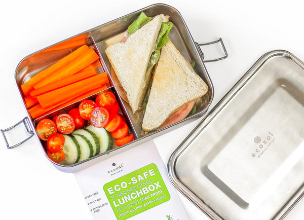 ecozoi stainless steel bento lunch box with 3 compartments and secure latch closure, 50 oz capacity