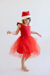 Child wearing a red dress and Santa hat on a white background