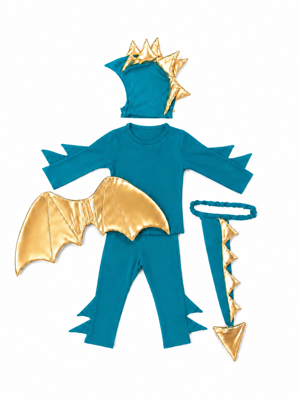 Jade Blue and Gold Dragon Costume shown flat to display cotton and spandex fabric