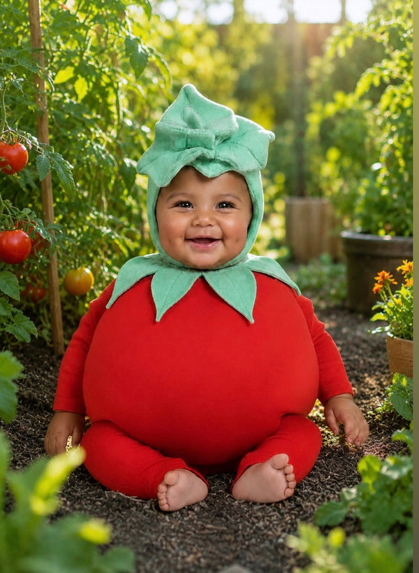 Close-up of the Baby Tomato Costume showing the cotton leaf hat with chin snap and tie-back leaf collar