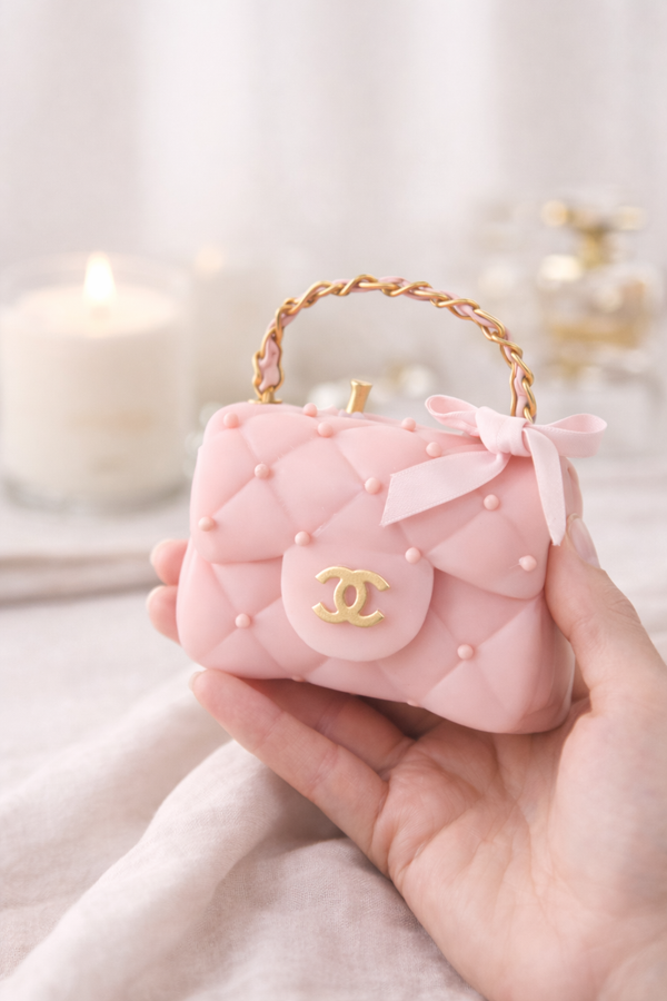 Pink Chanel handbag with pearl details held in a hand against a soft, blurred background.