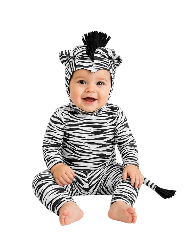 Baby Zebra Halloween Costume from Band of the Wild, a black-and-white striped zebra costume set