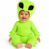 Baby wearing the Cosmic Green Alien costume with shiny boot covers and shoulder gear