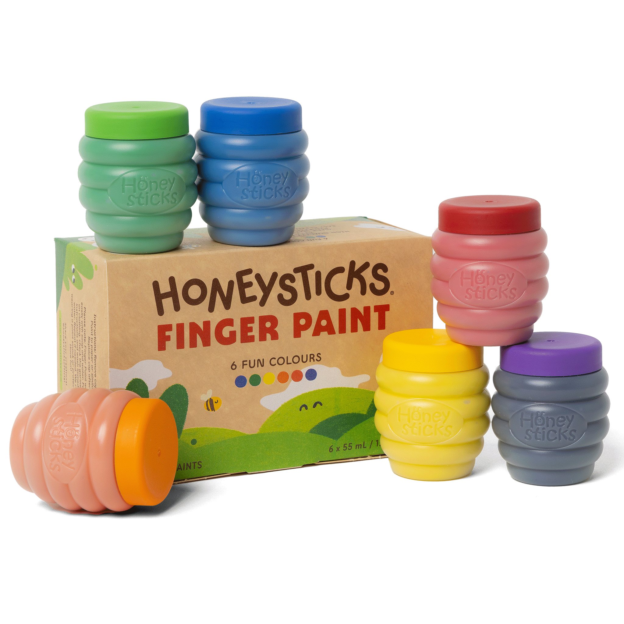 Honeysticks Finger Paints 6 pack in beehive-shaped 55ml pots showing all six colours — blue, green, yellow, purple, red and orange