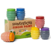 Honeysticks Finger Paints 6 pack in beehive-shaped 55ml pots showing all six colours — blue, green, yellow, purple, red and orange