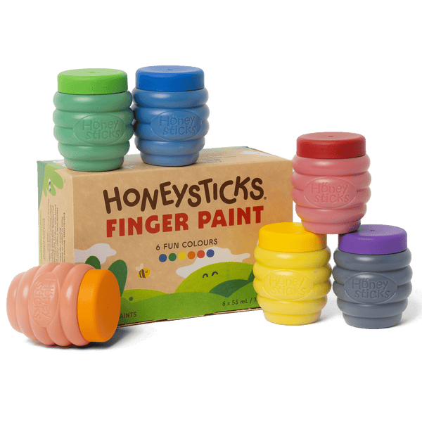 Honeysticks Finger Paints 6 pack in beehive-shaped 55ml pots showing all six colours — blue, green, yellow, purple, red and orange