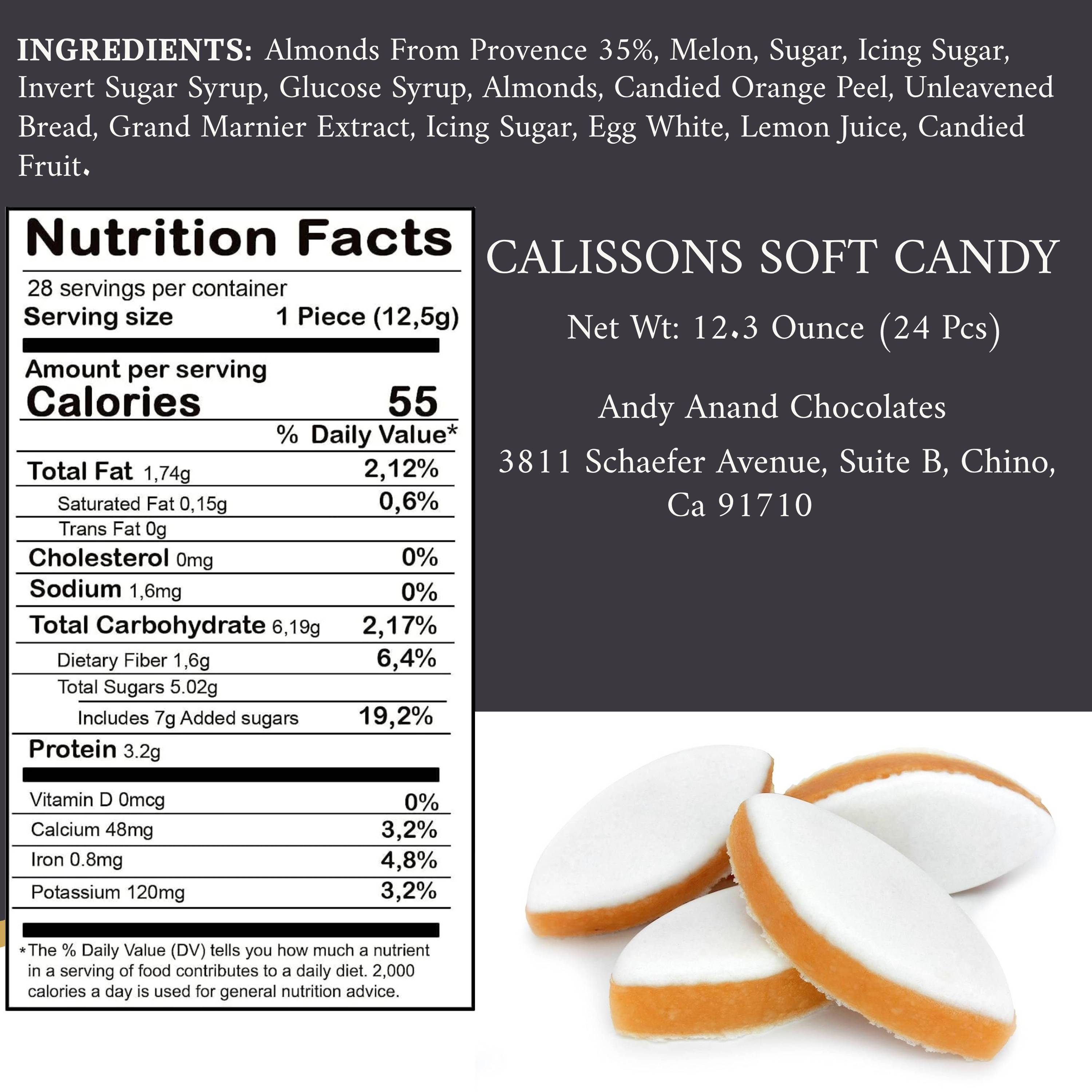 Nutrition facts label and ingredients list for Calissons soft candy with a small image of the candy.