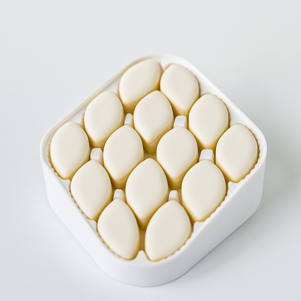 White square container filled with white oval-shaped objects on a light gray background
