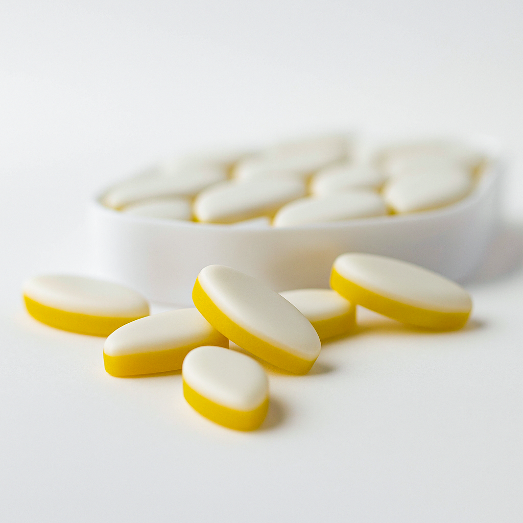 White and yellow oval tablets on a white background