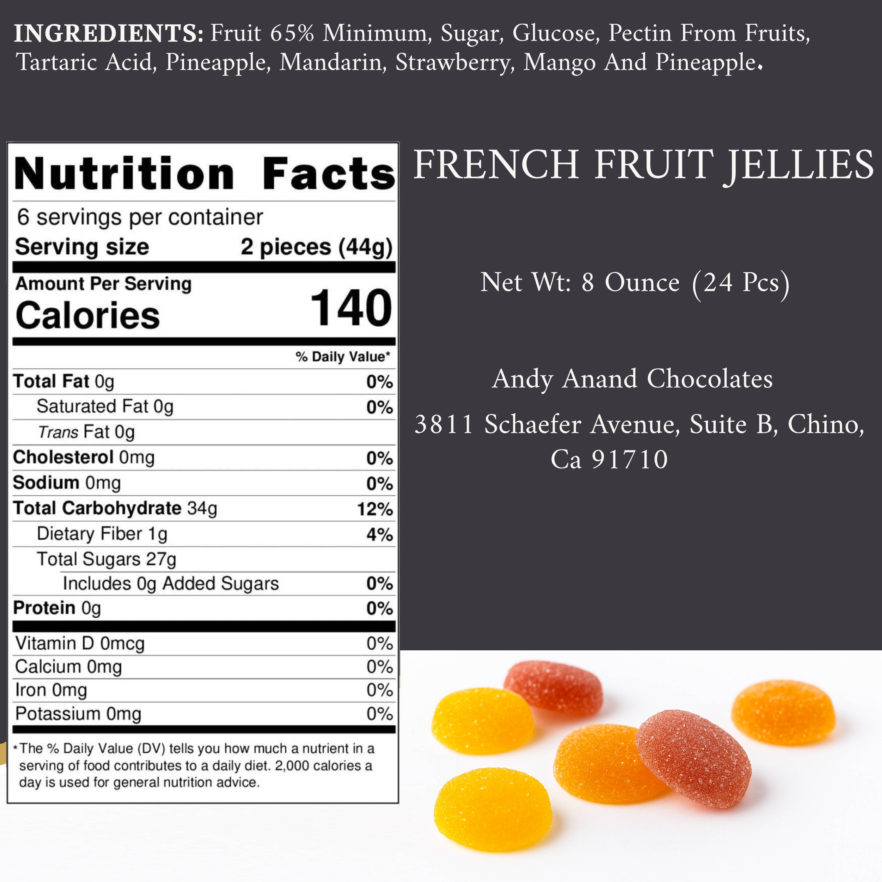 Nutrition facts label and packaging of French fruit jellies with product details.
