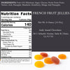 Nutrition facts label and packaging of French fruit jellies with product details.