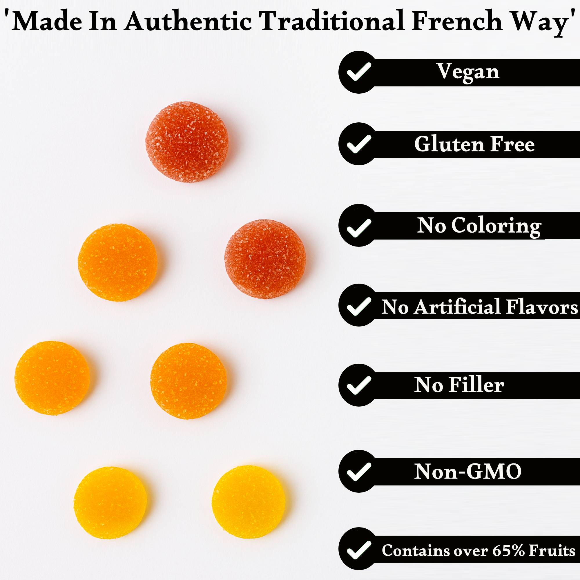 Orange gummy bears with health benefits listed on a white background