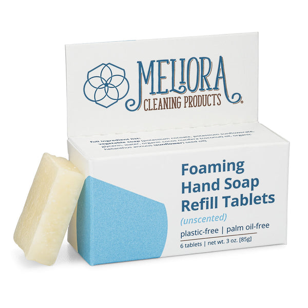 Meliora unscented foaming hand soap refill tablet next to its recyclable paperboard box