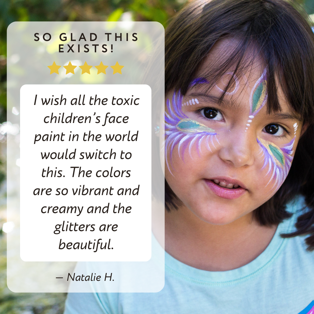 Child with colorful face paint and a five-star review text overlay