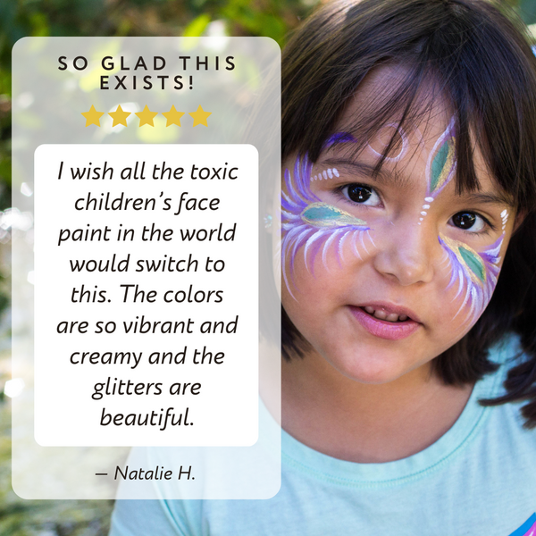 Child with colorful face paint and a five-star review text overlay