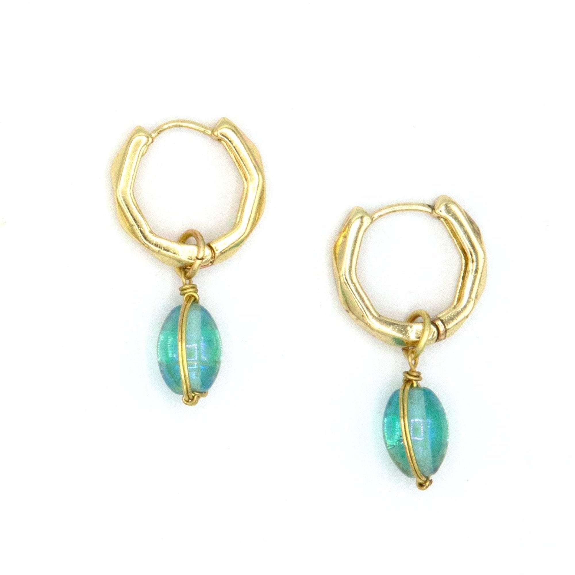 Faceted Pendant Hoop earrings in gold-plated recycled brass with recycled glass beads on white background