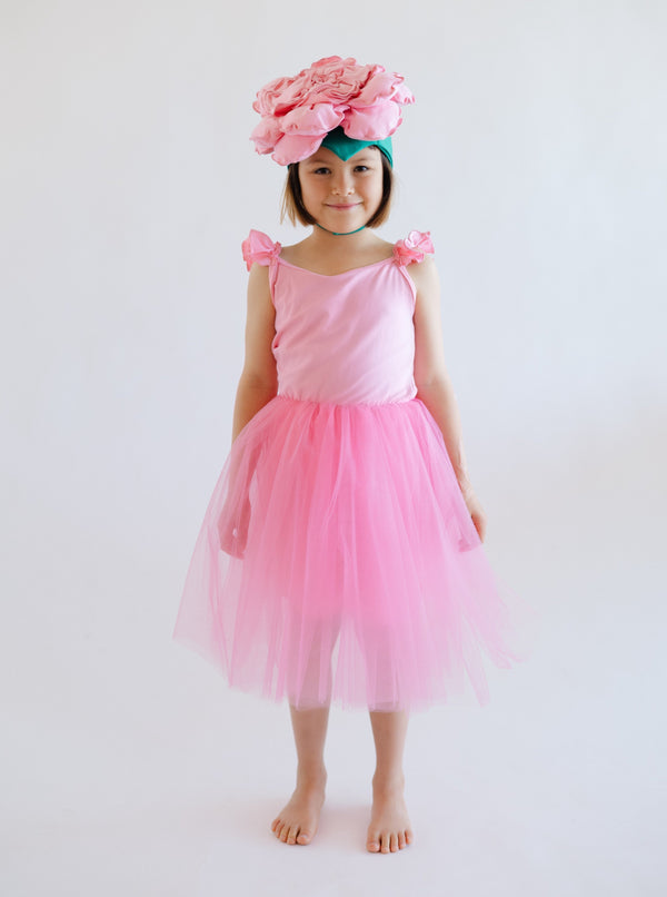 Young girl wearing a pink dress and flower headband on a white background