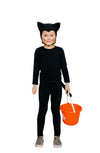 Child in a black cat costume holding an orange bucket on a white background