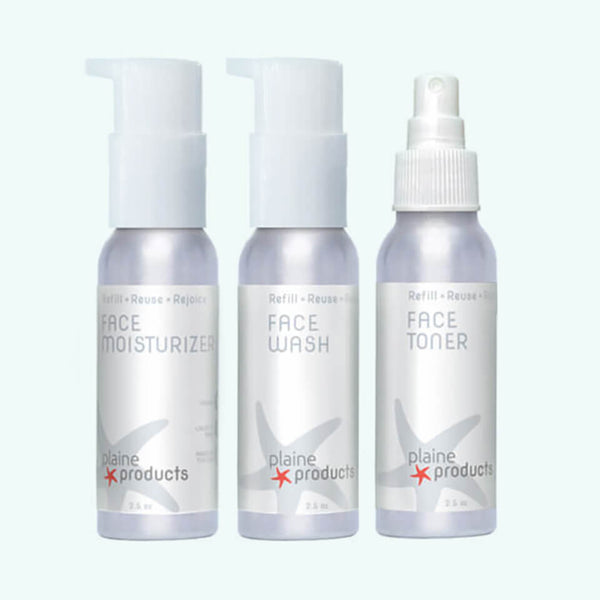 Plaine Products Plastic-Free Facial Care Trio including face wash, toner and moisturizer in refillable aluminium bottles