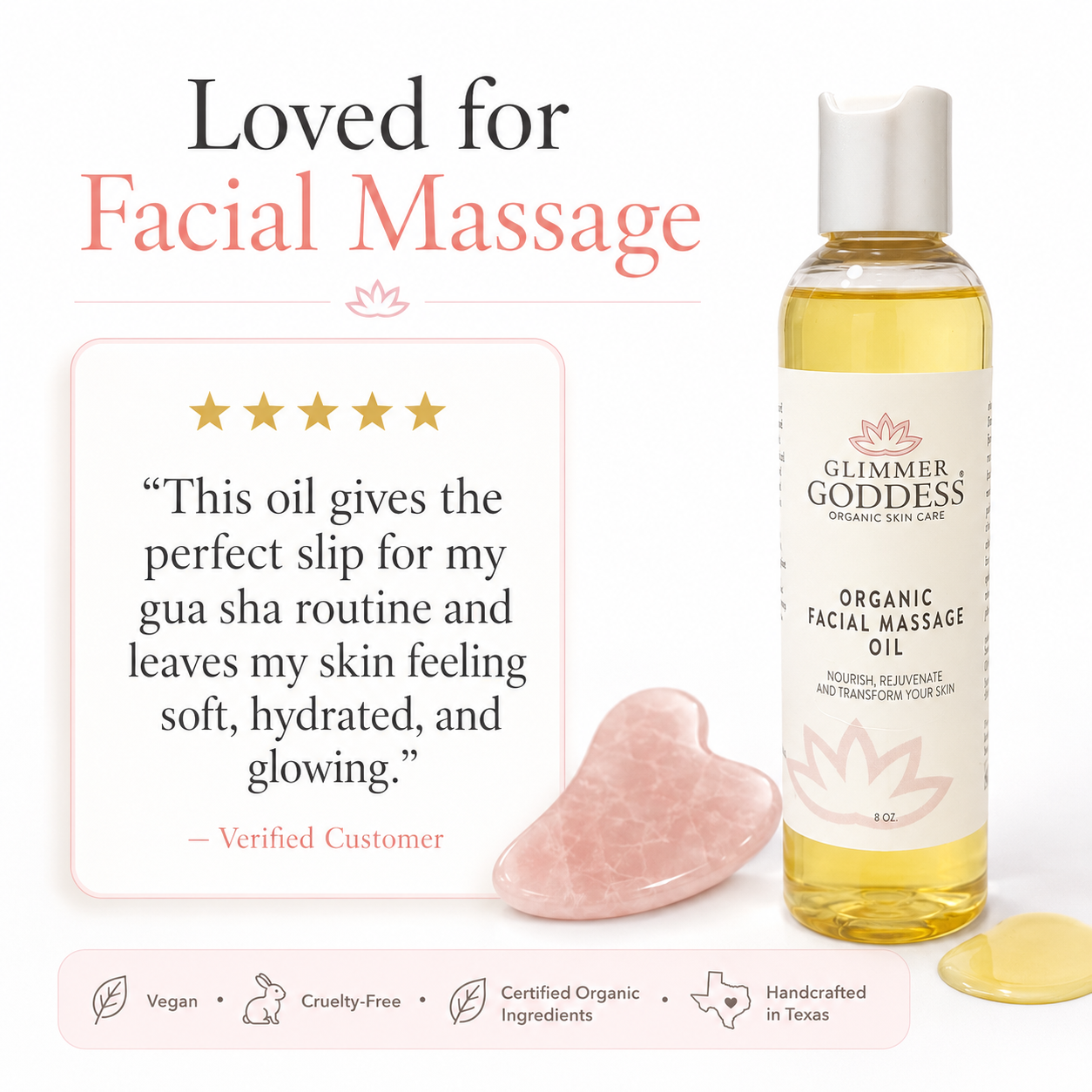 Lightweight organic facial massage oil being applied to skin for gua sha routine