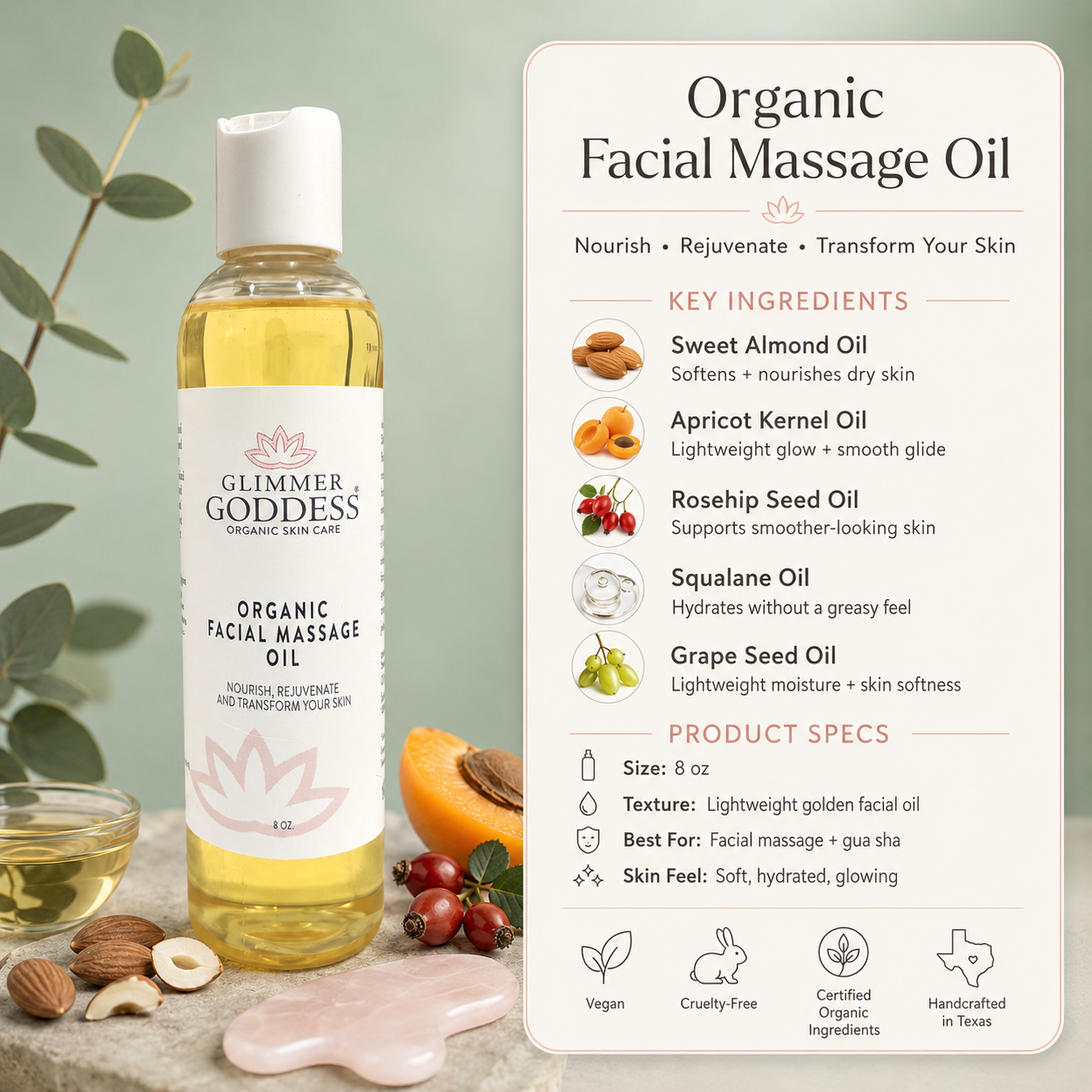Glimmer Goddess certified organic face oil – vegan and cruelty-free, handcrafted in Texas