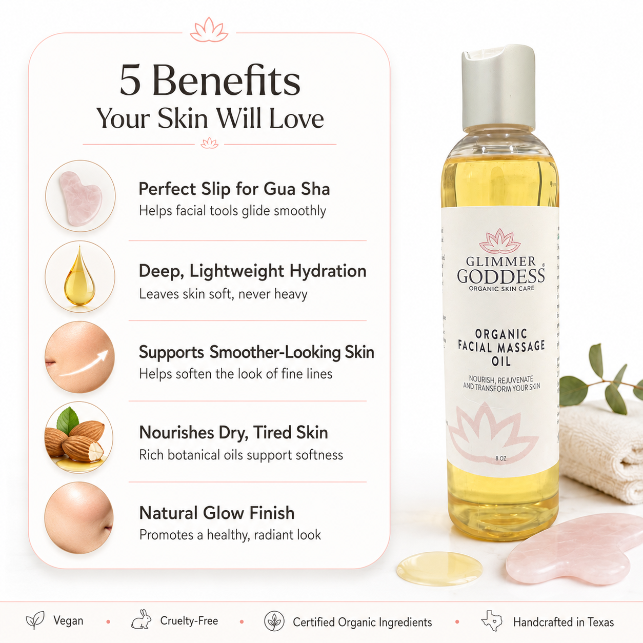 Organic anti-aging facial massage oil with apricot kernel oil and sweet almond oil for radiant skin